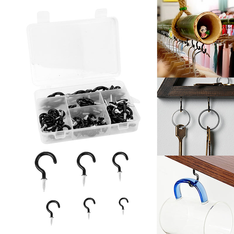 100 Pieces 6 Sizes Vinyl Coated Cup Hooks Screw-in Ceiling Hooks Mug Hooks Hangers Assortment Kit Black or White