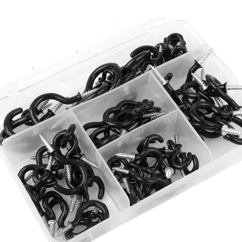 100 Pieces 6 Sizes Vinyl Coated Cup Hooks Screw-in Ceiling Hooks Mug Hooks Hangers Assortment Kit Black or White