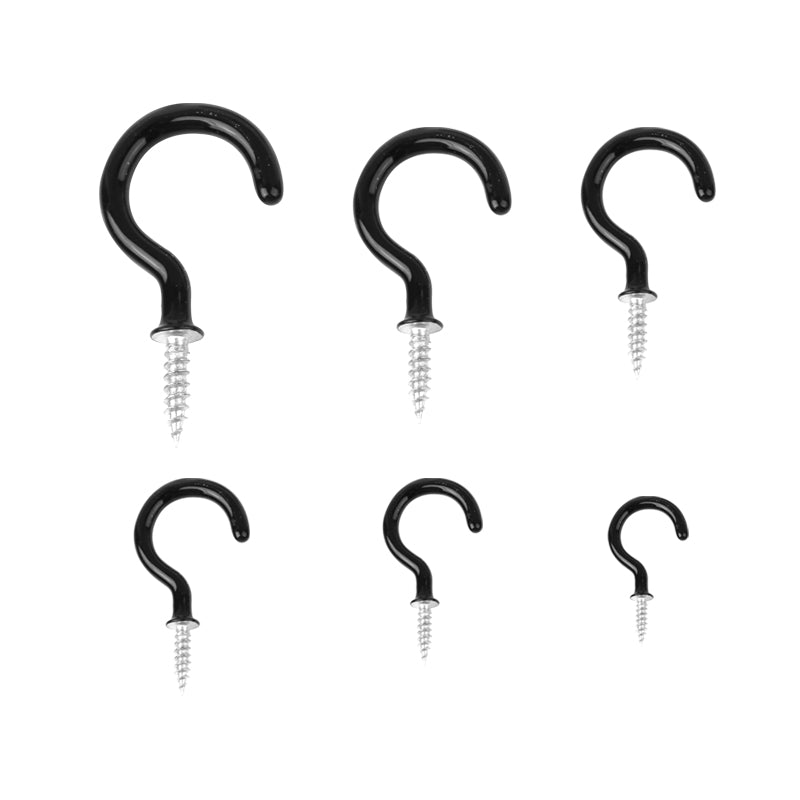 100 Pieces 6 Sizes Vinyl Coated Cup Hooks Screw-in Ceiling Hooks Mug Hooks Hangers Assortment Kit Black or White