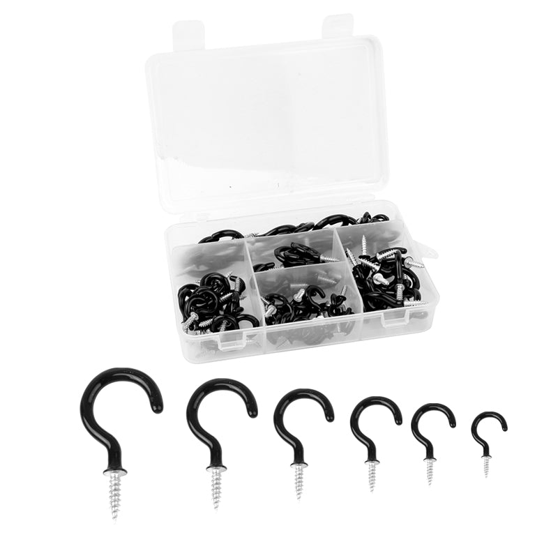 100 Pieces 6 Sizes Vinyl Coated Cup Hooks Screw-in Ceiling Hooks Mug Hooks Hangers Assortment Kit Black or White