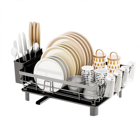 Dish Drying Rack Stainless Steel Dish Drainer with Drip Tray and Utensil Holder - Grey