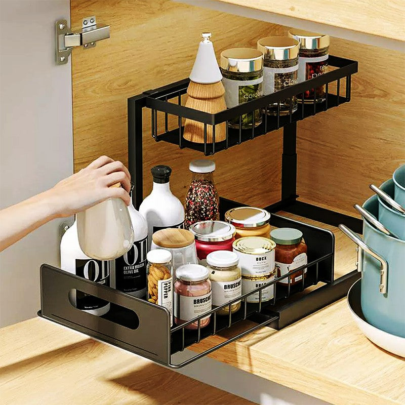 2 Tier Under Sink Pull-out Drawer Storage Shelf Organizer for Kitchen Bathroom - Black