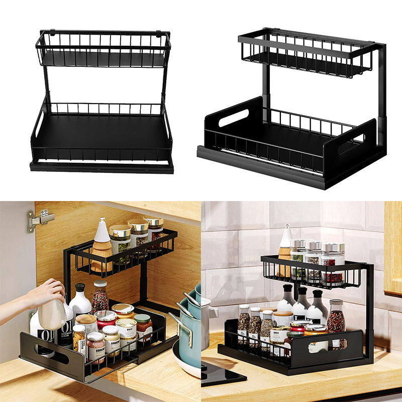 2 Tier Under Sink Pull-out Drawer Storage Shelf Organizer for Kitchen Bathroom - Black