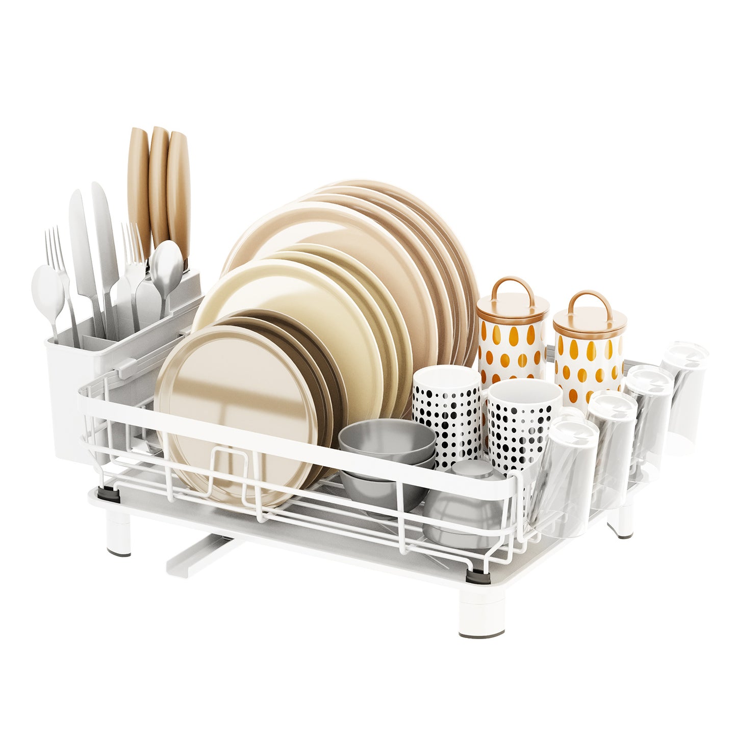 Dish Drying Rack Stainless Steel Dish Drainer with Drip Tray and Utensil Holder - White