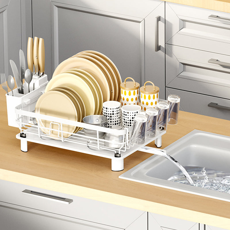 Dish Drying Rack Stainless Steel Dish Drainer with Drip Tray and Utensil Holder - White