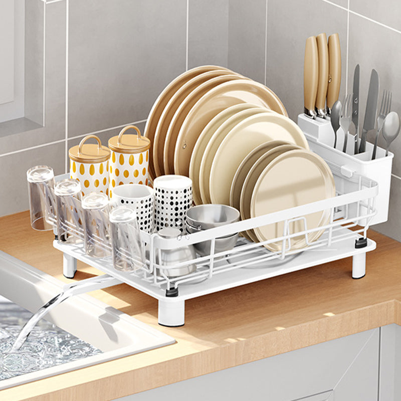 Dish Drying Rack Stainless Steel Dish Drainer with Drip Tray and Utensil Holder - White