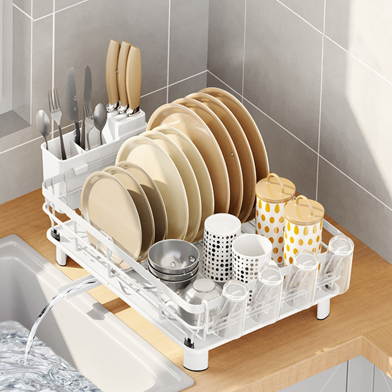 Dish Drying Rack Stainless Steel Dish Drainer with Drip Tray and Utensil Holder - White