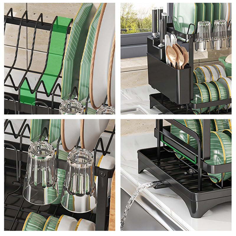 2 Tier Sink Dish Drainer Rack with Drip Tray Plate Rack Cutlery Holder for Kitchen - Black White