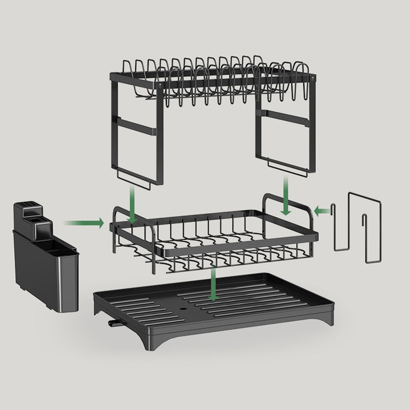 2 Tier Sink Dish Drainer Rack with Drip Tray Plate Rack Cutlery Holder for Kitchen - Black White