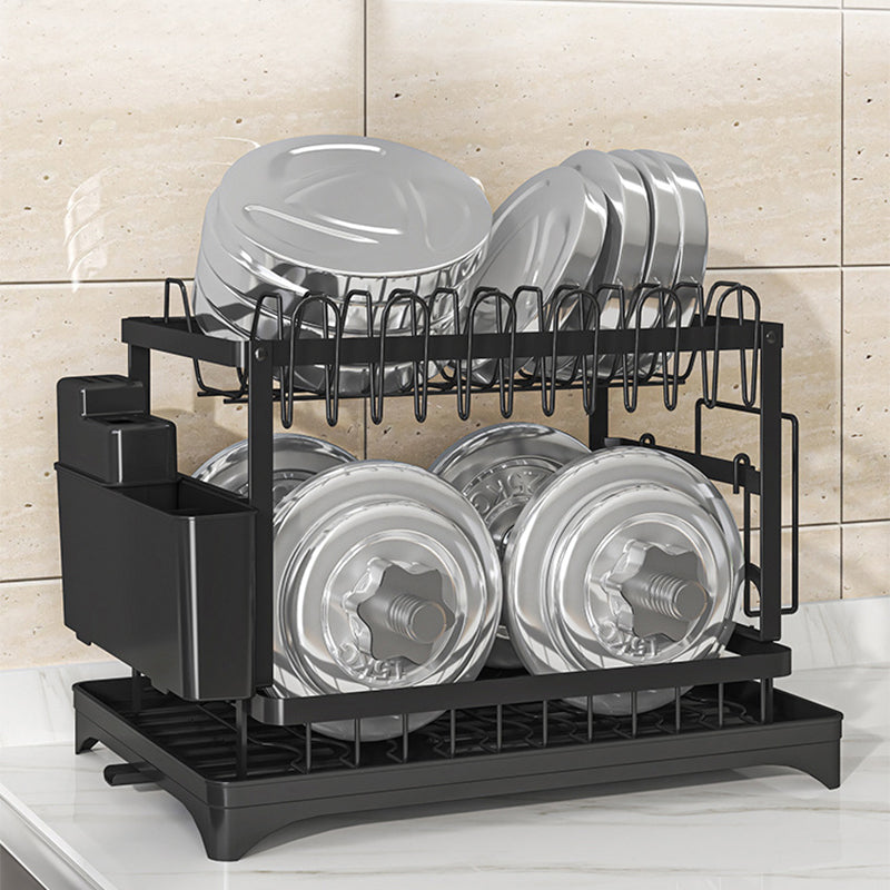 2 Tier Sink Dish Drainer Rack with Drip Tray Plate Rack Cutlery Holder for Kitchen - Black White