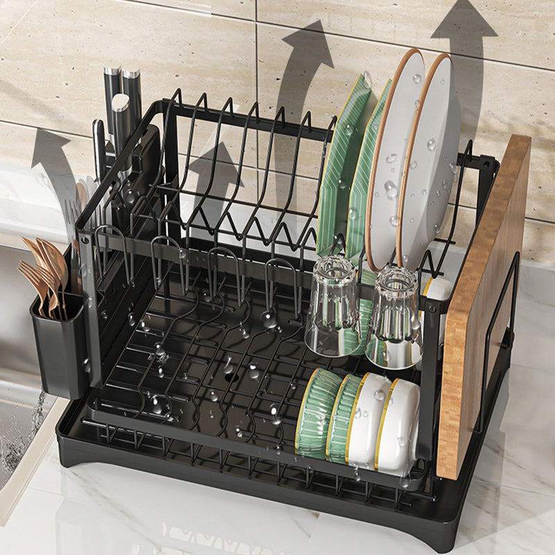 2 Tier Sink Dish Drainer Rack with Drip Tray Plate Rack Cutlery Holder for Kitchen - Black White