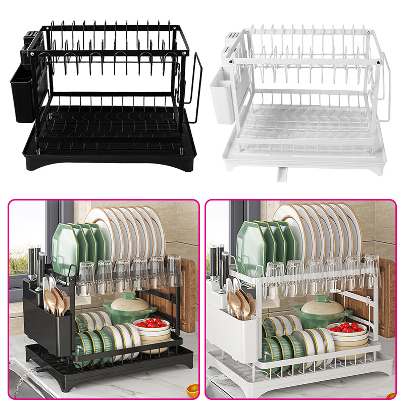 2 Tier Sink Dish Drainer Rack with Drip Tray Plate Rack Cutlery Holder for Kitchen - Black White