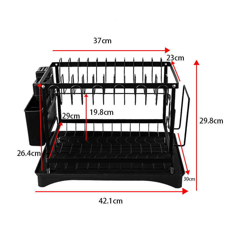 2 Tier Sink Dish Drainer Rack with Drip Tray Plate Rack Cutlery Holder for Kitchen - Black White