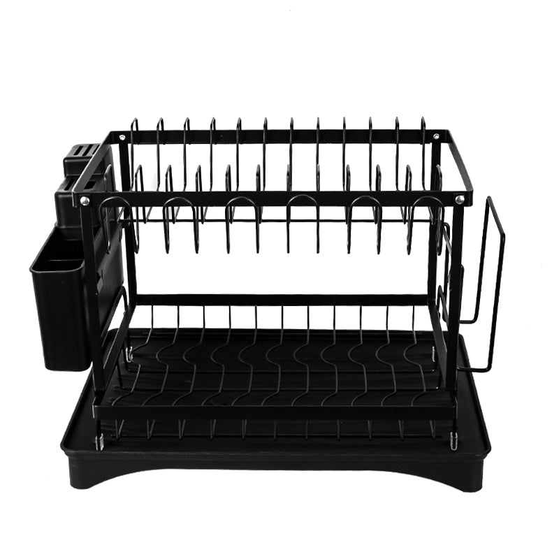 2 Tier Sink Dish Drainer Rack with Drip Tray Plate Rack Cutlery Holder for Kitchen - Black White