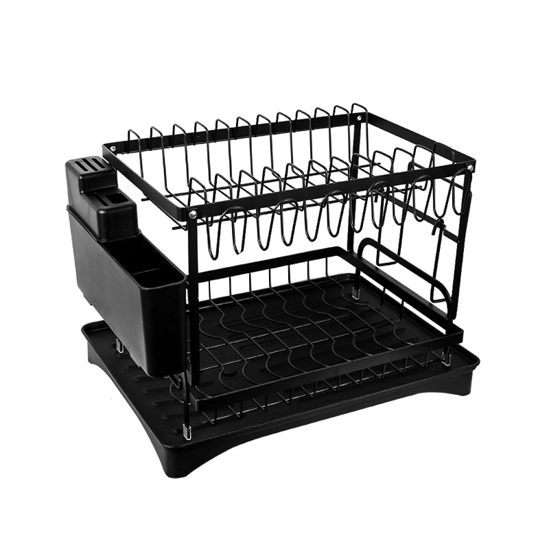 2 Tier Sink Dish Drainer Rack with Drip Tray Plate Rack Cutlery Holder for Kitchen - Black White