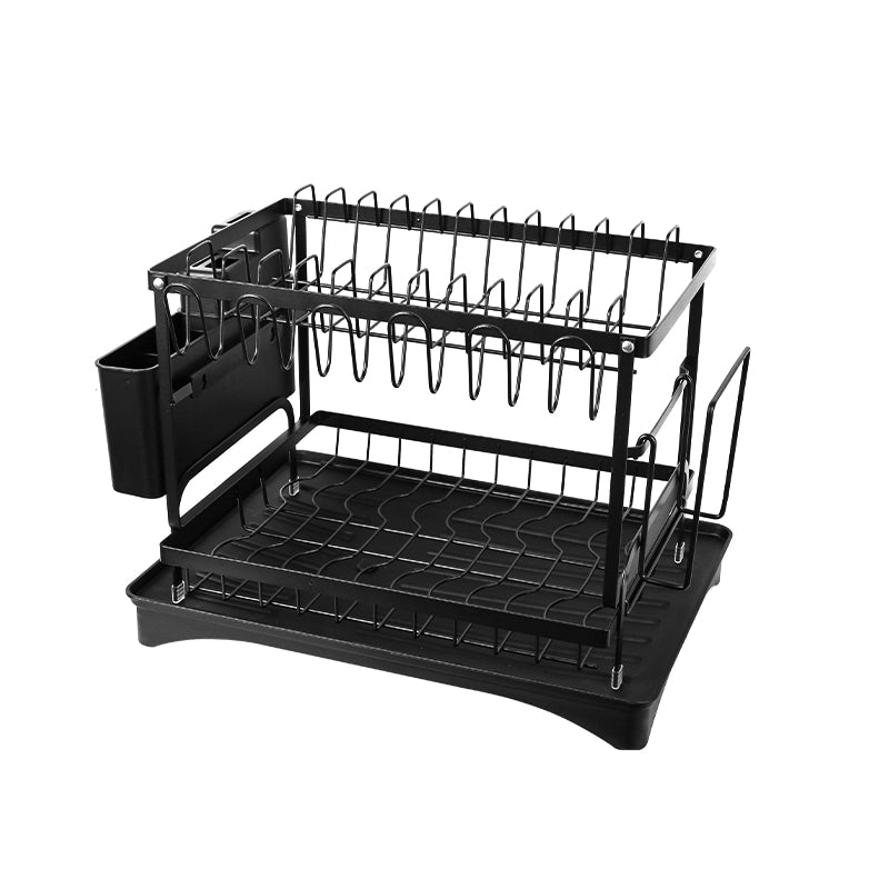 2 Tier Sink Dish Drainer Rack with Drip Tray Plate Rack Cutlery Holder for Kitchen - Black White