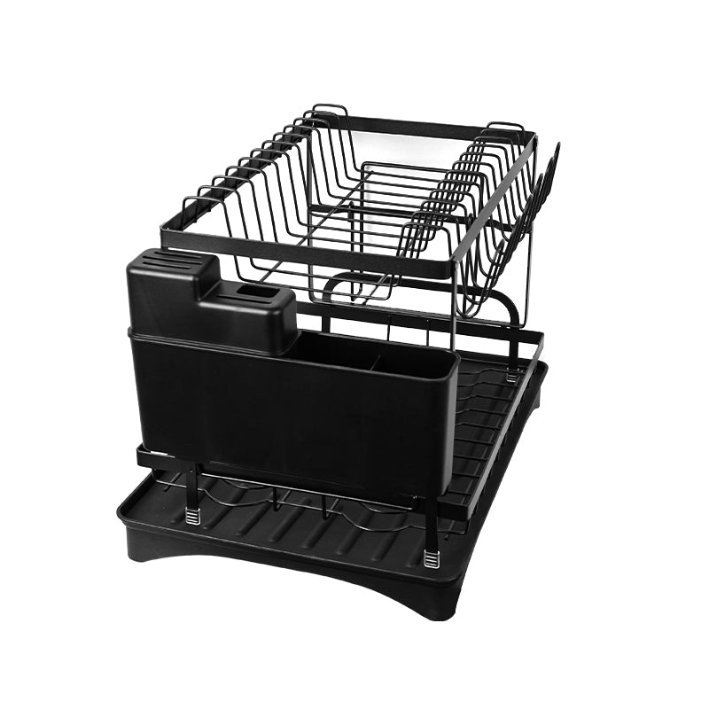 2 Tier Sink Dish Drainer Rack with Drip Tray Plate Rack Cutlery Holder for Kitchen - Black White