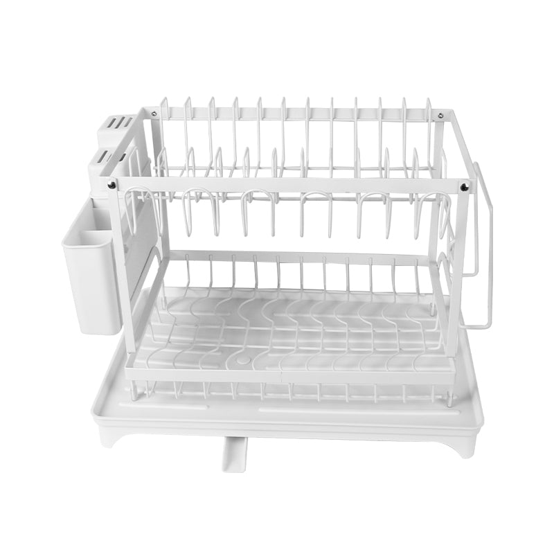 2 Tier Sink Dish Drainer Rack with Drip Tray Plate Rack Cutlery Holder for Kitchen - Black White