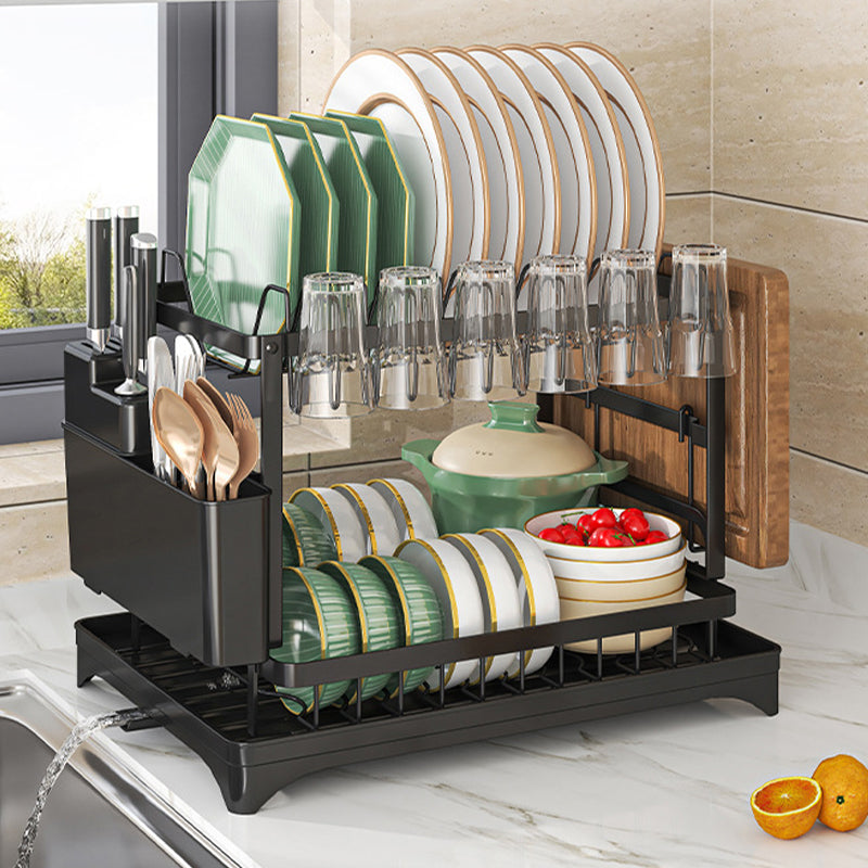 2 Tier Sink Dish Drainer Rack with Drip Tray Plate Rack Cutlery Holder for Kitchen - Black White