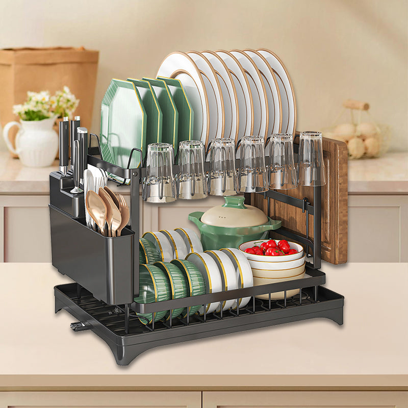 2 Tier Sink Dish Drainer Rack with Drip Tray Plate Rack Cutlery Holder for Kitchen - Black White