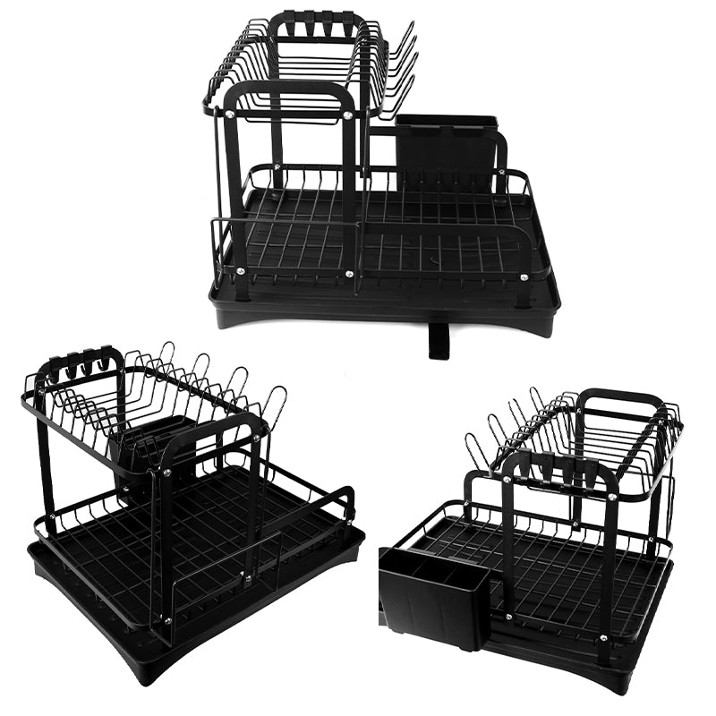 2 Tier Dish Drainer Rack Detachable Dish Drying Rack with Drainage Spout Utensil and Cutting Board Holder for Kitchen Counter - Black