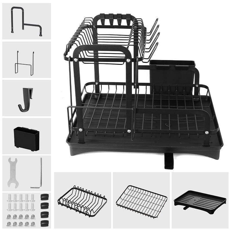 2 Tier Dish Drainer Rack Detachable Dish Drying Rack with Drainage Spout Utensil and Cutting Board Holder for Kitchen Counter - Black