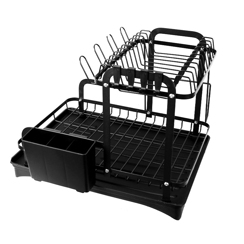 2 Tier Dish Drainer Rack Detachable Dish Drying Rack with Drainage Spout Utensil and Cutting Board Holder for Kitchen Counter - Black