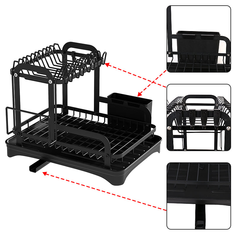 2 Tier Dish Drainer Rack Detachable Dish Drying Rack with Drainage Spout Utensil and Cutting Board Holder for Kitchen Counter - Black