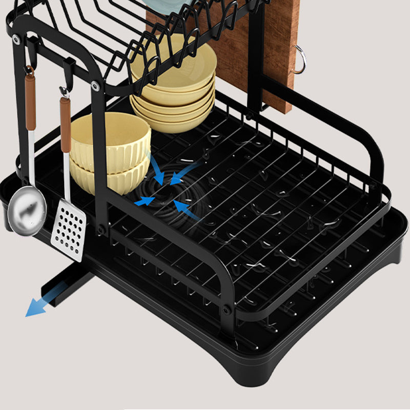 2 Tier Dish Drainer Rack Detachable Dish Drying Rack with Drainage Spout Utensil and Cutting Board Holder for Kitchen Counter - Black