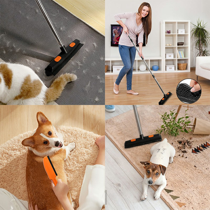 Rubber Broom Carpet Rake Fur Remover Broom with Squeegee for Pet Hair Removal - Black+Orange