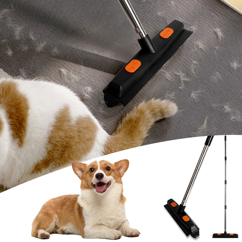 Rubber Broom Carpet Rake Fur Remover Broom with Squeegee for Pet Hair Removal - Black+Orange