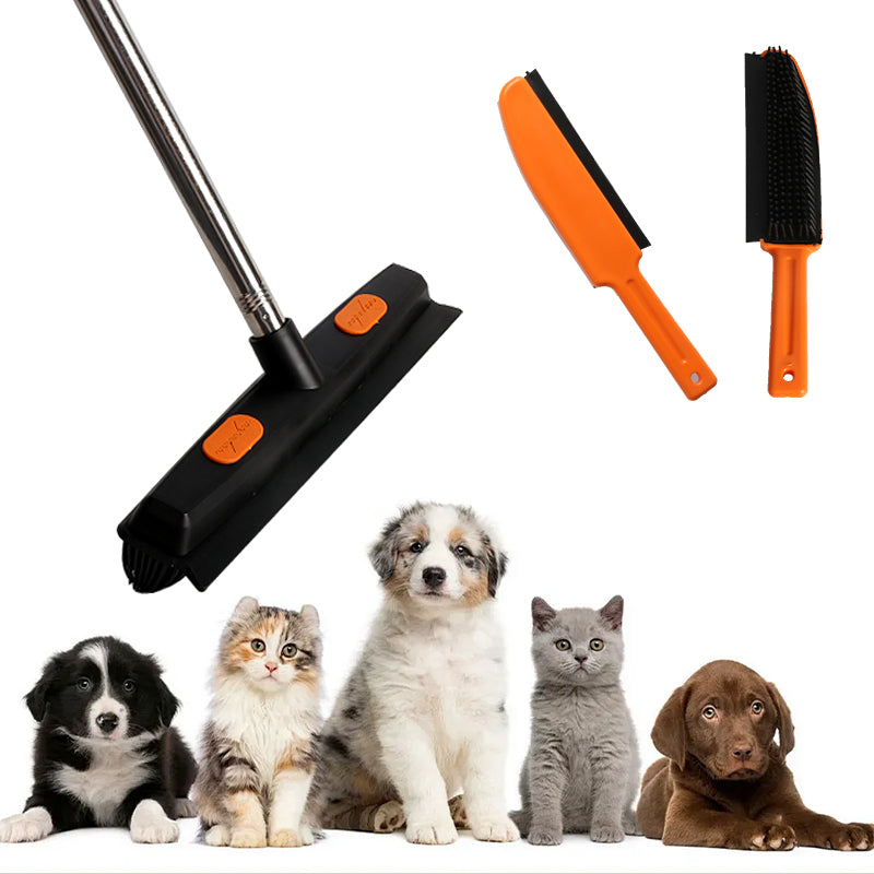 Rubber Broom Carpet Rake Fur Remover Broom with Squeegee for Pet Hair Removal - Black+Orange