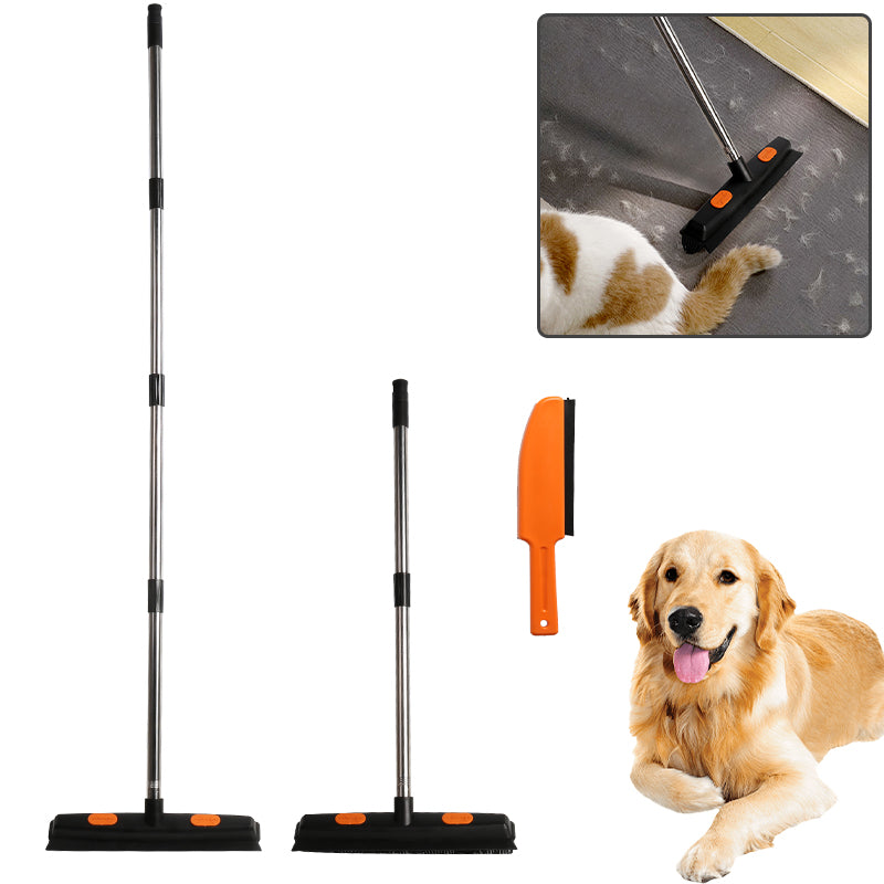 Rubber Broom Carpet Rake Fur Remover Broom with Squeegee for Pet Hair Removal - Black+Orange