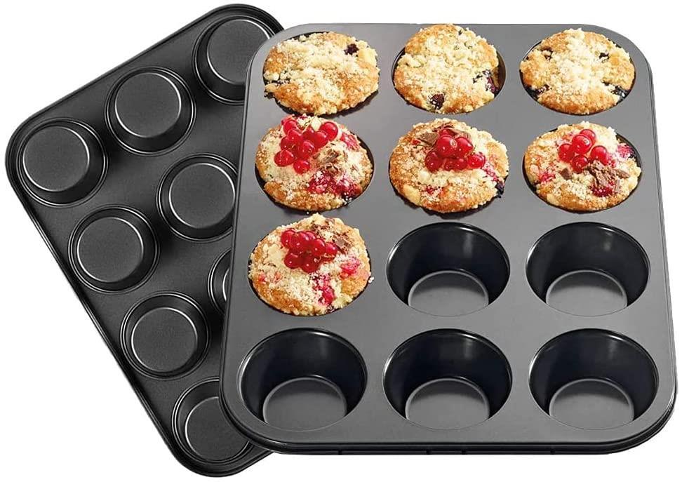 Muffin Pan Baking Tray 12 Black Cup Cake Bakeware Metal Cups Mould Pastry Bake