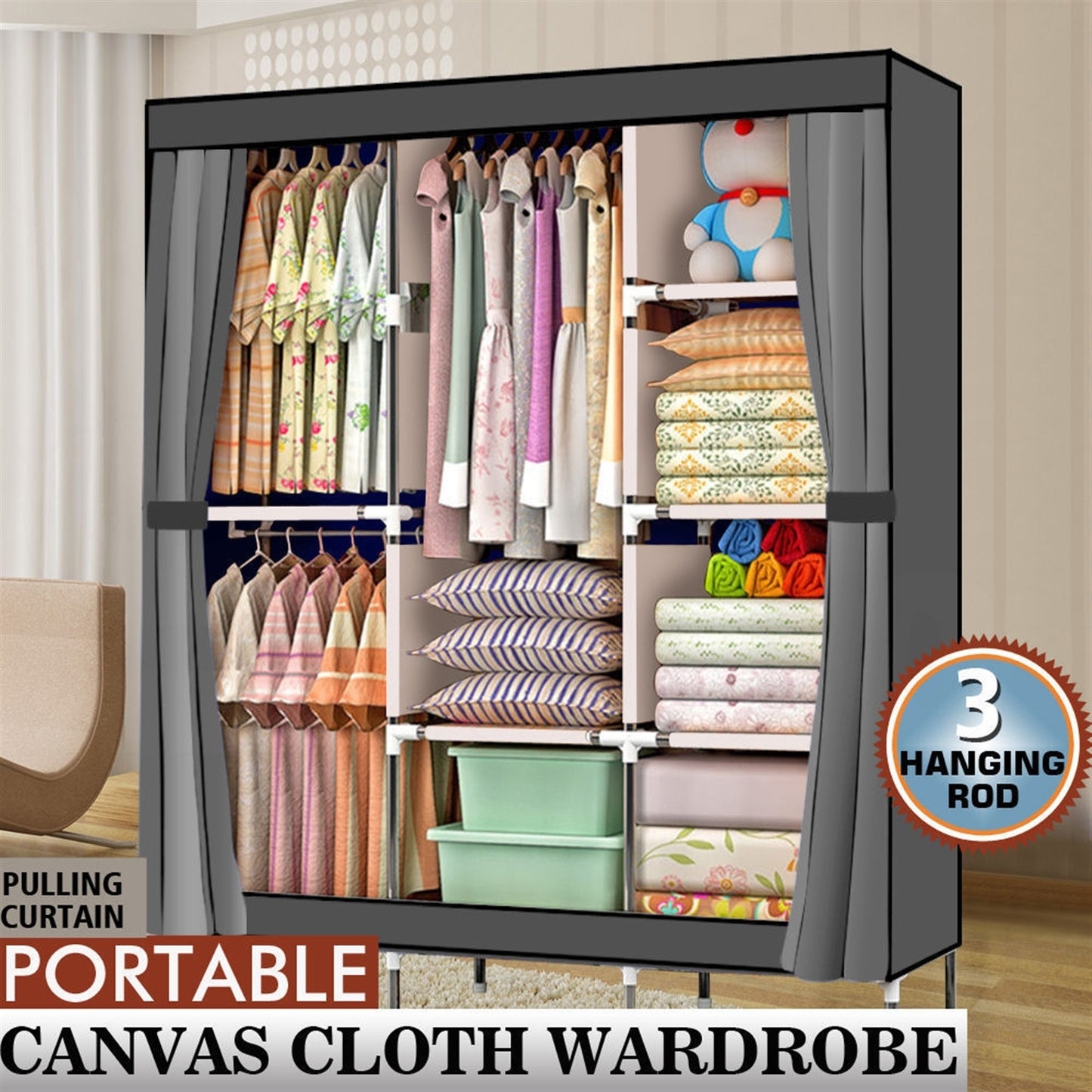 71" Portable Closet Wardrobe Clothes Rack Storage Organizer with Shelf- Gray