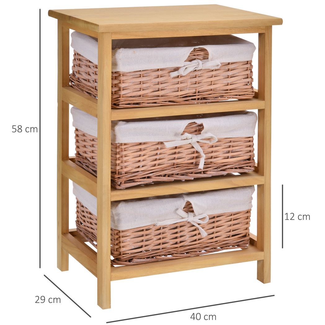 3 Drawer Wicker Basket Storage Shelf Unit Wooden Frame Home Natural