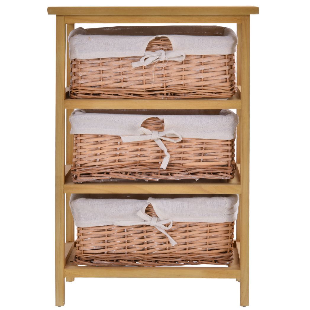 3 Drawer Wicker Basket Storage Shelf Unit Wooden Frame Home Natural