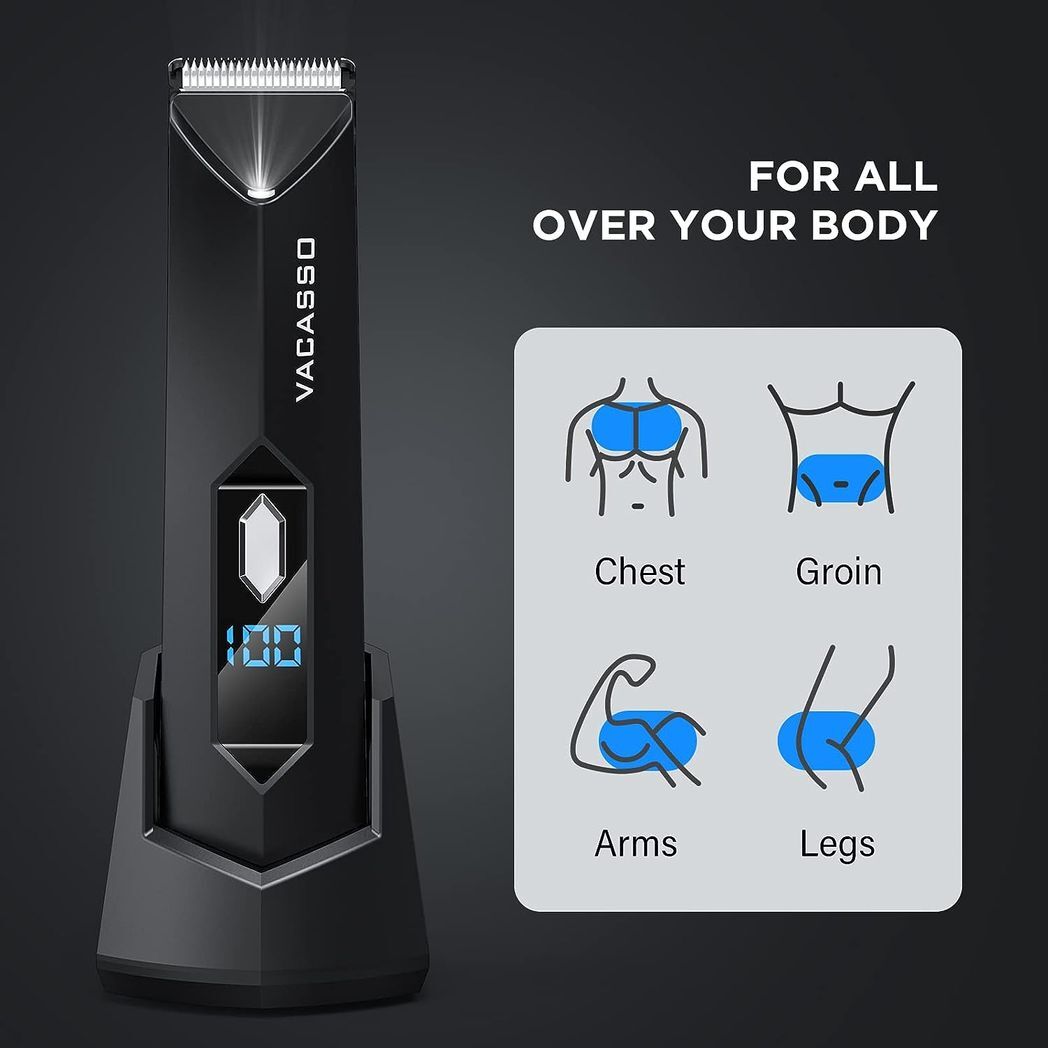 VACASSO Electric Body Hair Trimmer for Men Groin Hair Trimmer Ball Shaver w/Light&LED Display, USB Recharge Dock, Adjustable Ceramic Blade Head, Waterproof Male Pubic Hair Trim Hygiene Razor