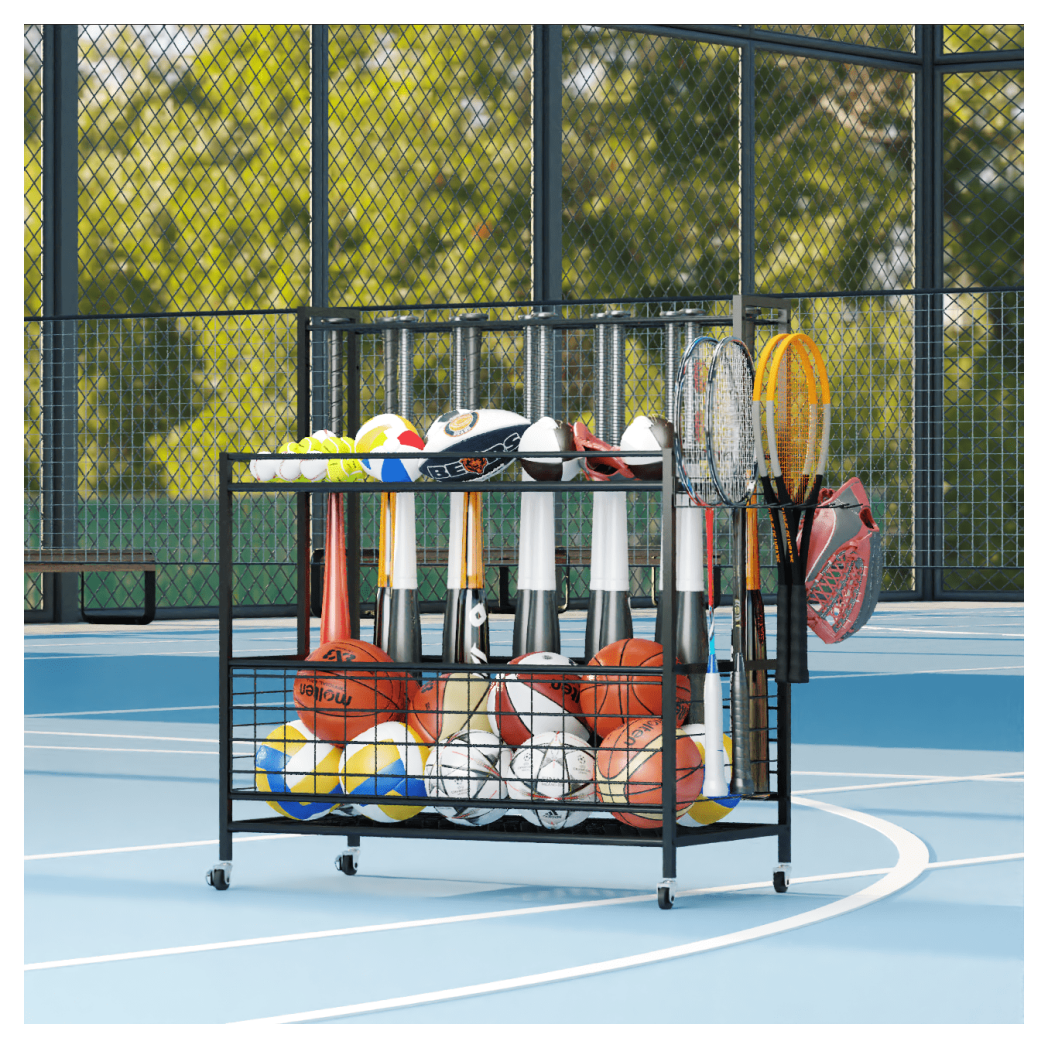 Sports Equipment Organizer, Basketball Storage Rack, Sports Organizer Cart with Basket and Hooks