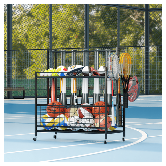 Sports Equipment Organizer, Basketball Storage Rack, Sports Organizer Cart with Basket and Hooks