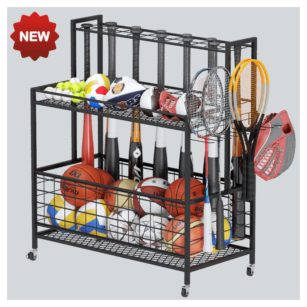 Sports Equipment Organizer, Basketball Storage Rack, Sports Organizer Cart with Basket and Hooks