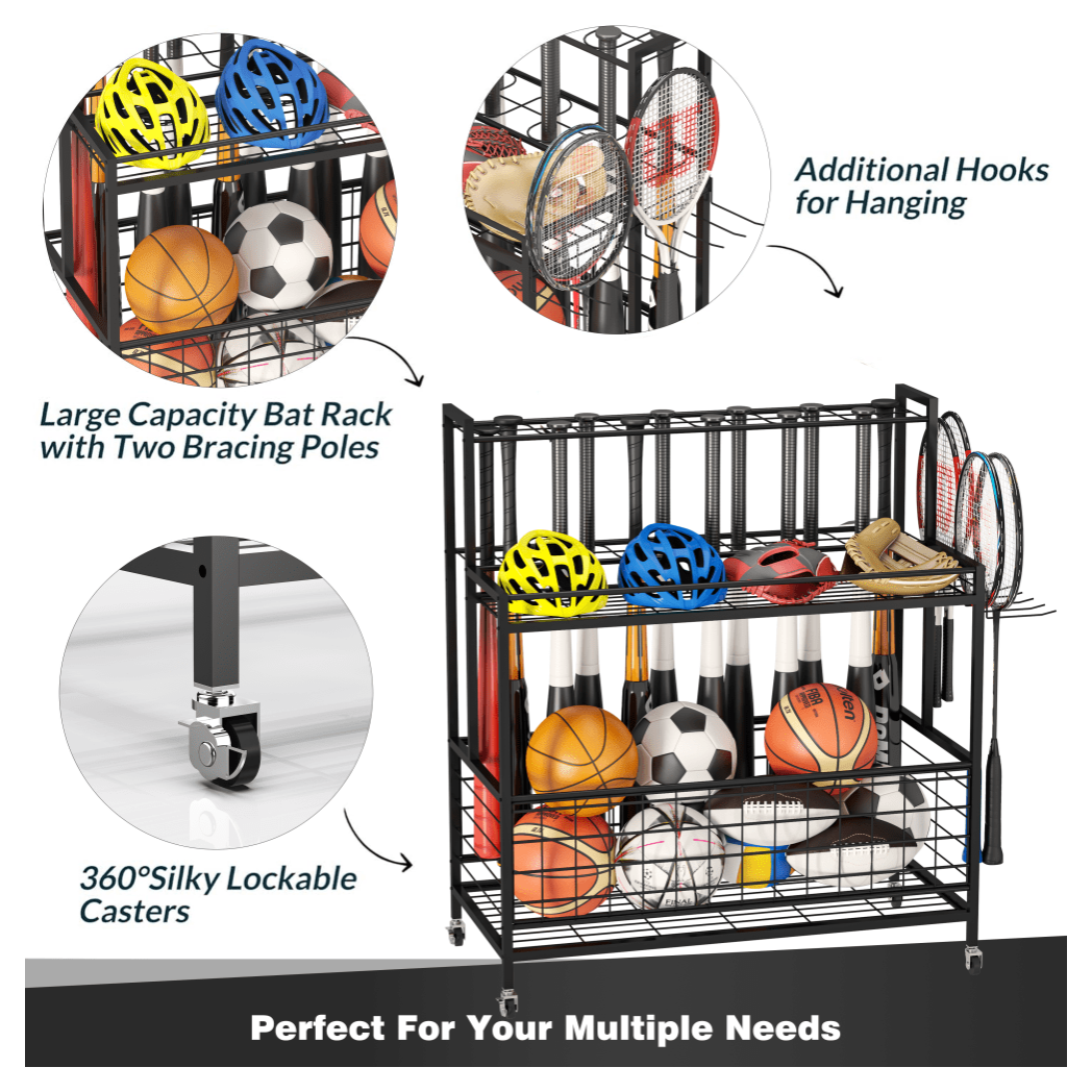 Sports Equipment Organizer, Basketball Storage Rack, Sports Organizer Cart with Basket and Hooks