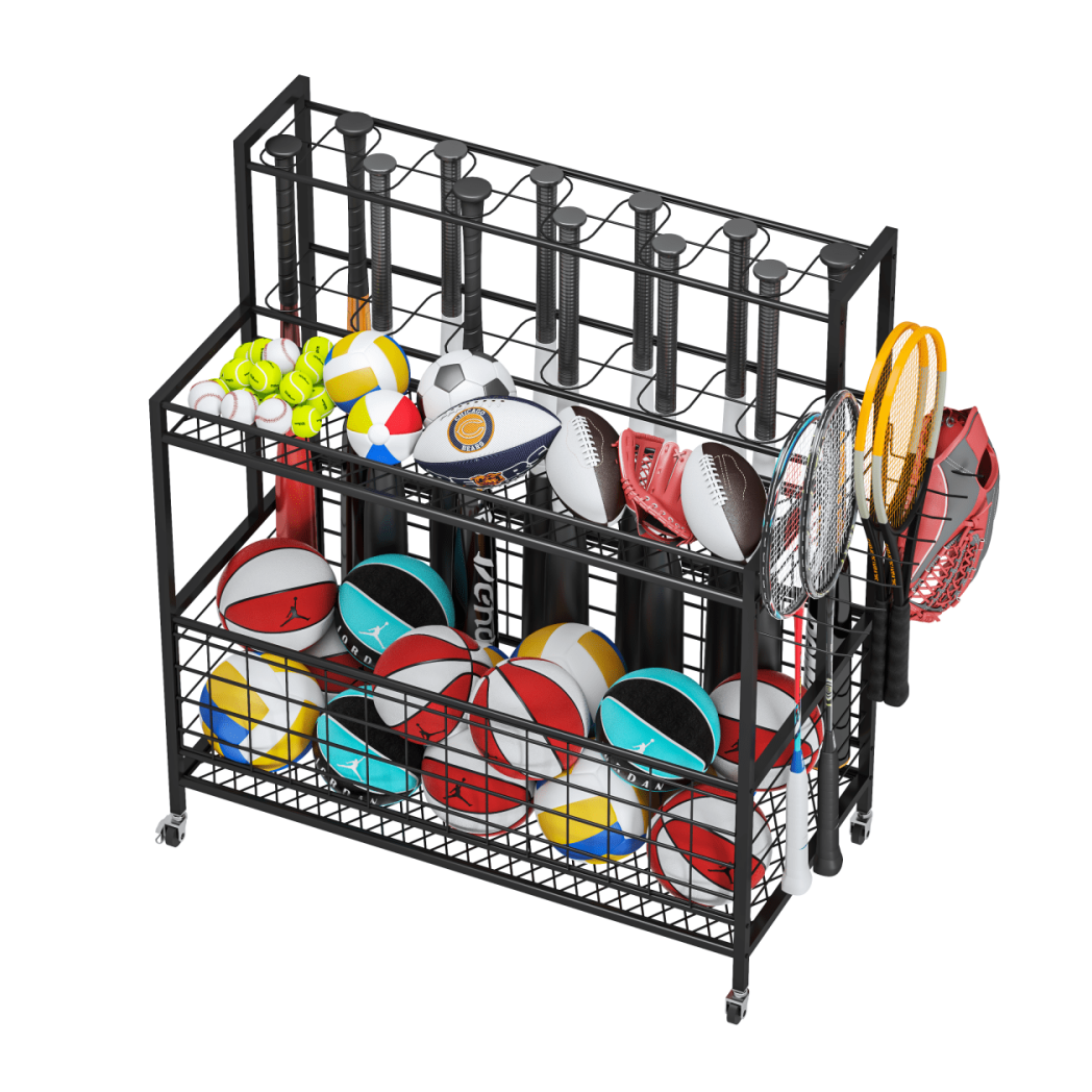 Sports Equipment Organizer, Basketball Storage Rack, Sports Organizer Cart with Basket and Hooks