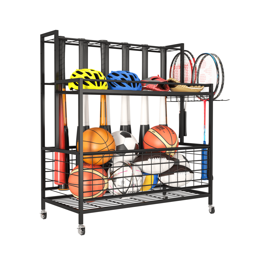 Sports Equipment Organizer, Basketball Storage Rack, Sports Organizer Cart with Basket and Hooks