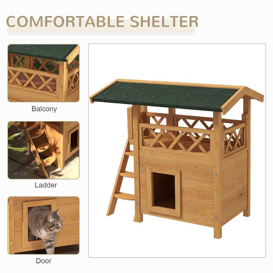 PawHut Outdoor Cat House with Balcony Stairs Roof, Natural Wood Finish