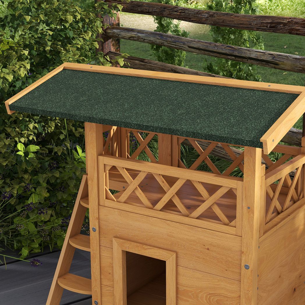 PawHut Outdoor Cat House with Balcony Stairs Roof, Natural Wood Finish