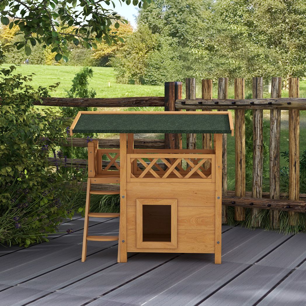 PawHut Outdoor Cat House with Balcony Stairs Roof, Natural Wood Finish