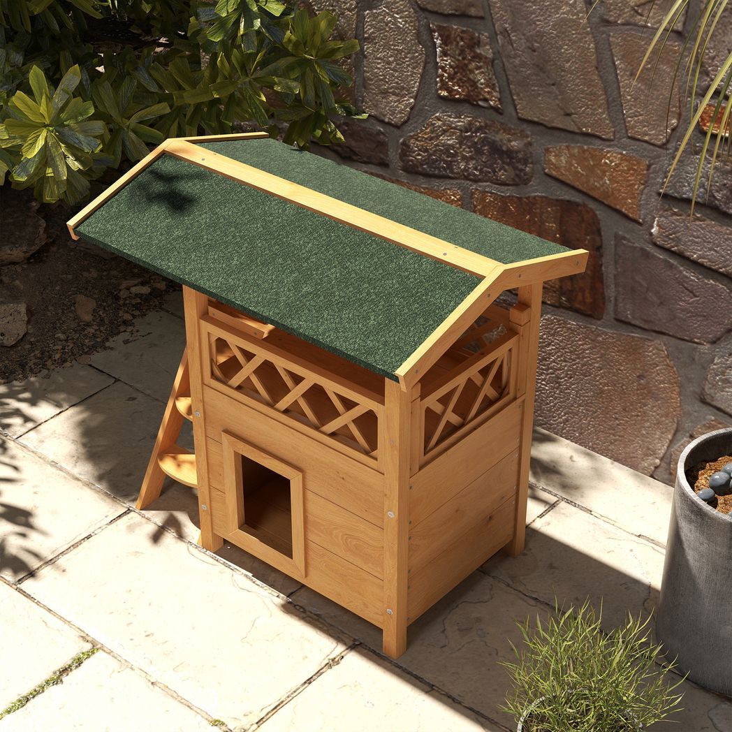 PawHut Outdoor Cat House with Balcony Stairs Roof, Natural Wood Finish