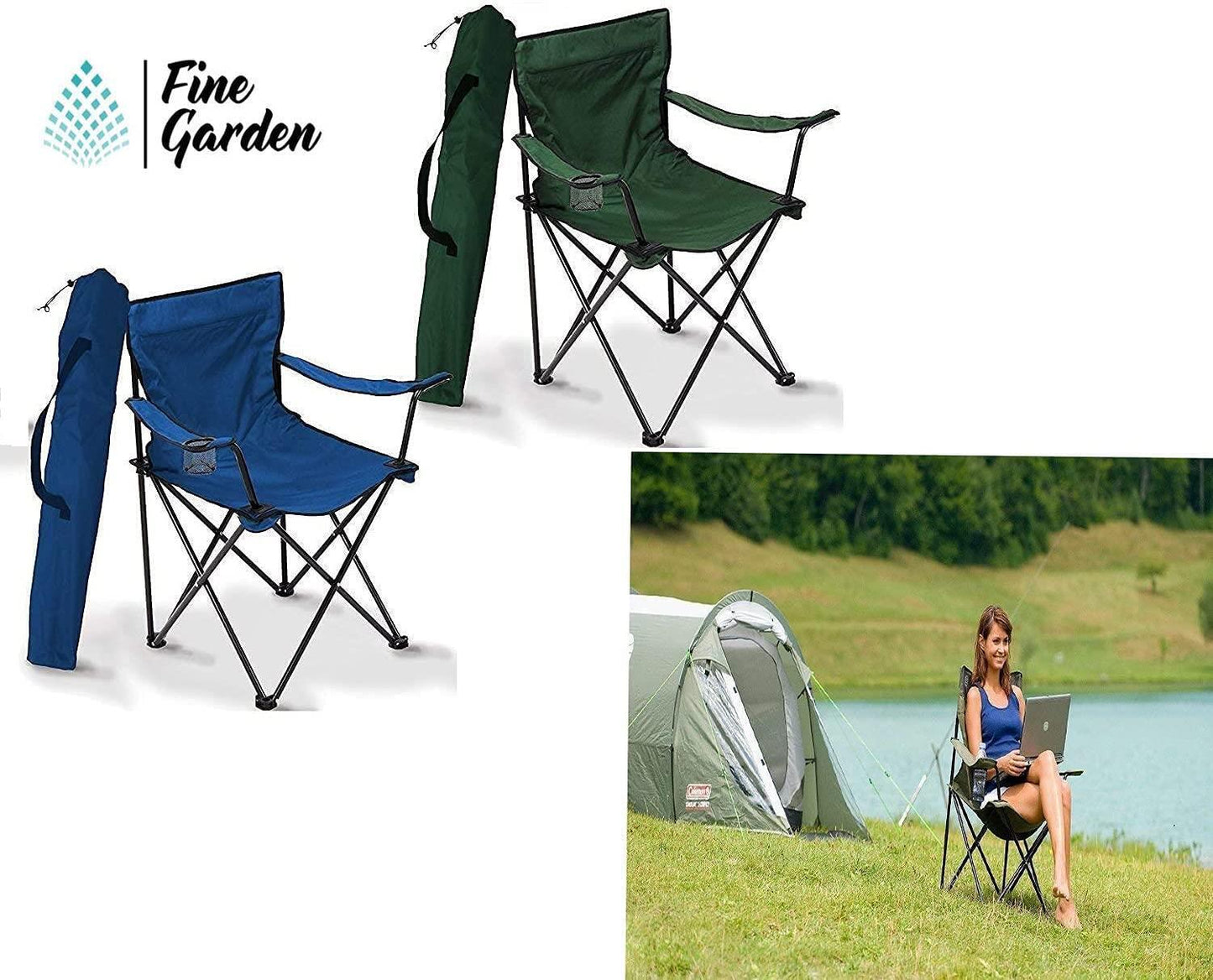 Fine Garden Green Folding Camping Chair, Lightweight,Fishing Beach With Cup Holder