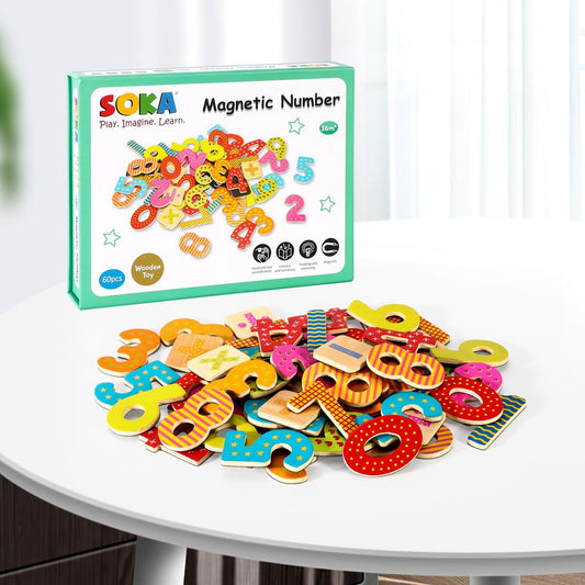 SOKA Magnetic Wooden Numbers (60 pcs) Developmental Toy Fridge Magnet Kids 3+